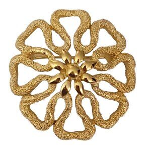 Trifari Crown Over T Gold Tone Open Textured Modernist Flower Brooch, Signed